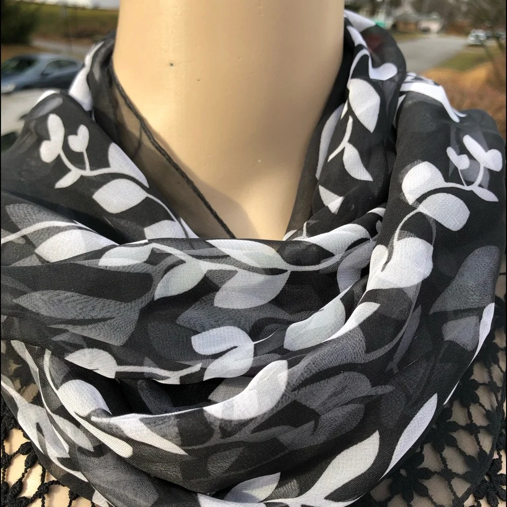 - Black/White Floral Chiffon Scarf! NEW!